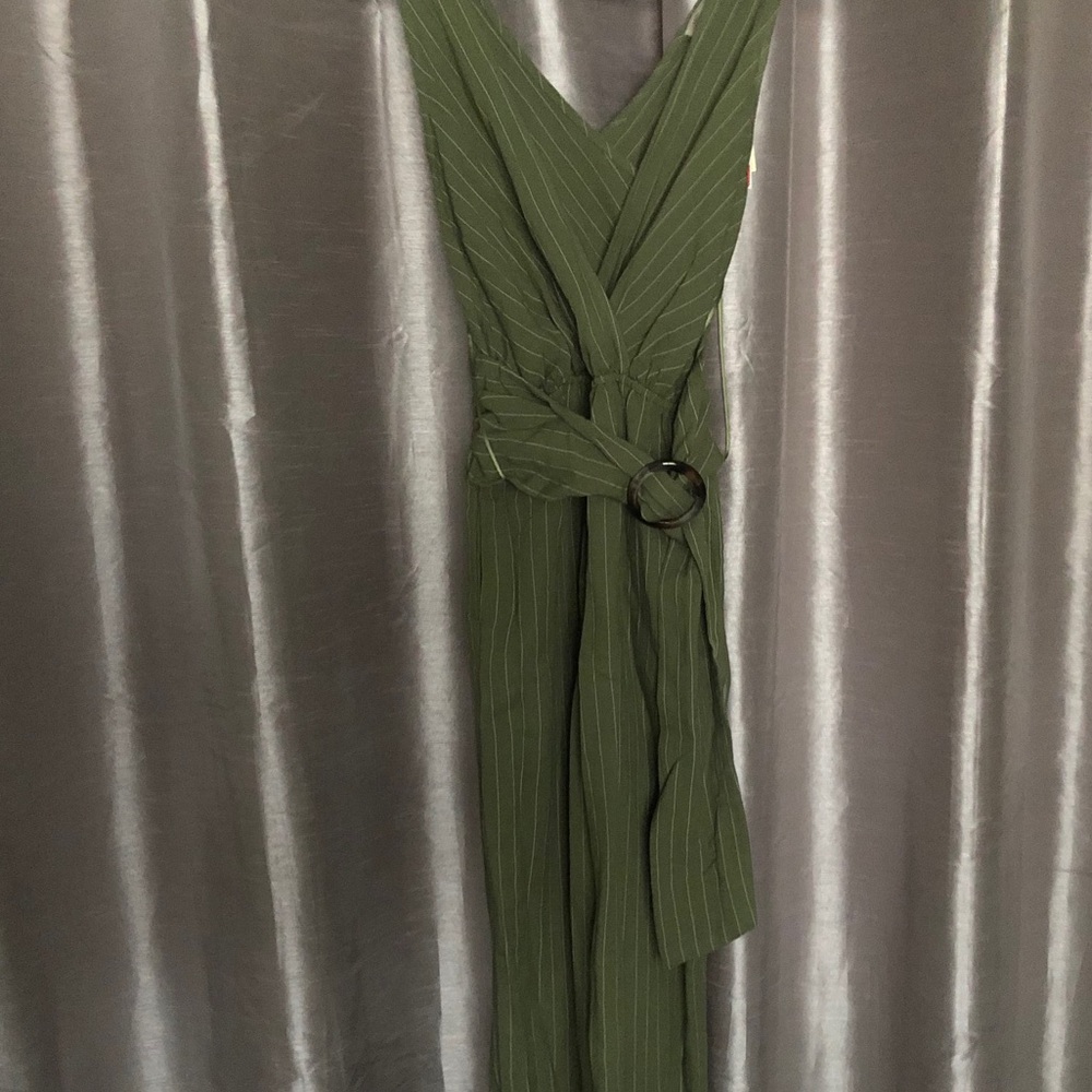 Olive green pinstripe jumper with wrap belt